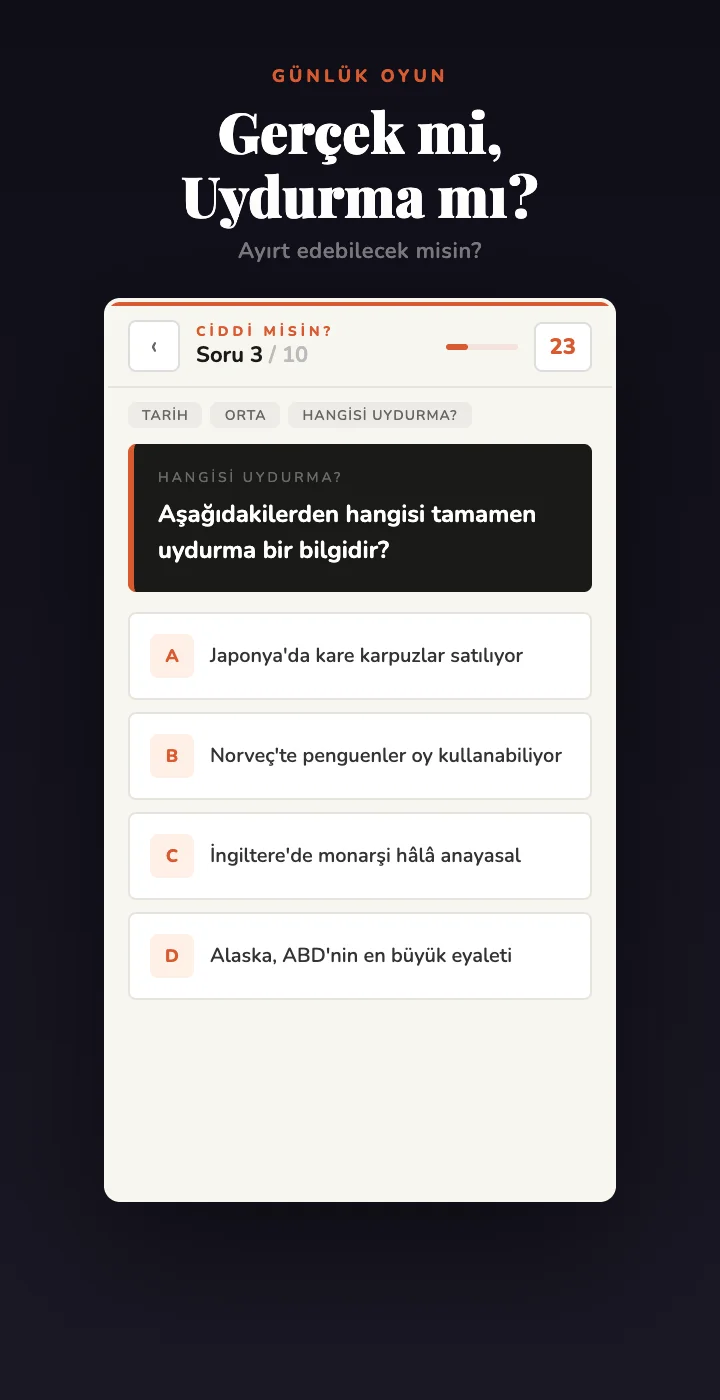 Soru ekranı — gerçek mi uydurma mı