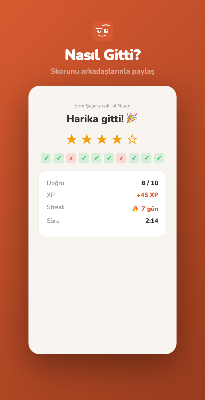 Sonuç ekranı — paylaş ve karşılaştır