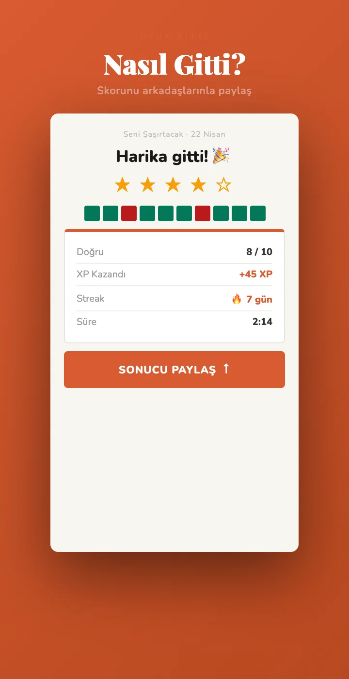 Sonuç ekranı — paylaş ve karşılaştır